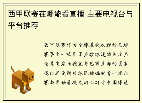 西甲联赛在哪能看直播 主要电视台与平台推荐